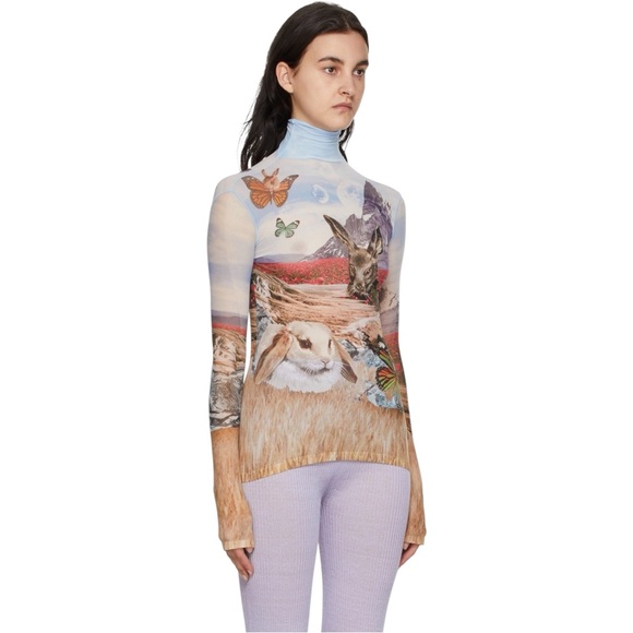 Acne Studios Denise Blue Rabbit Landscape Print Long Sleeve Turtleneck Mesh Top - Picture 10 of 15